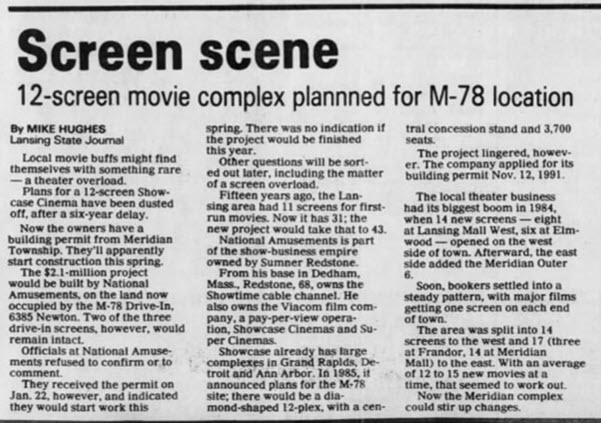 M-78 Twin/Triple Drive-In Theatre - Jan 30 1992 Article (newer photo)